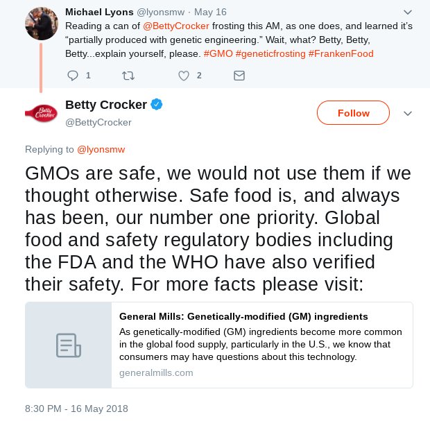 Nice to see <a href="/BettyCrocker/">Betty Crocker</a> saying it out loud: GMOs are safe.
