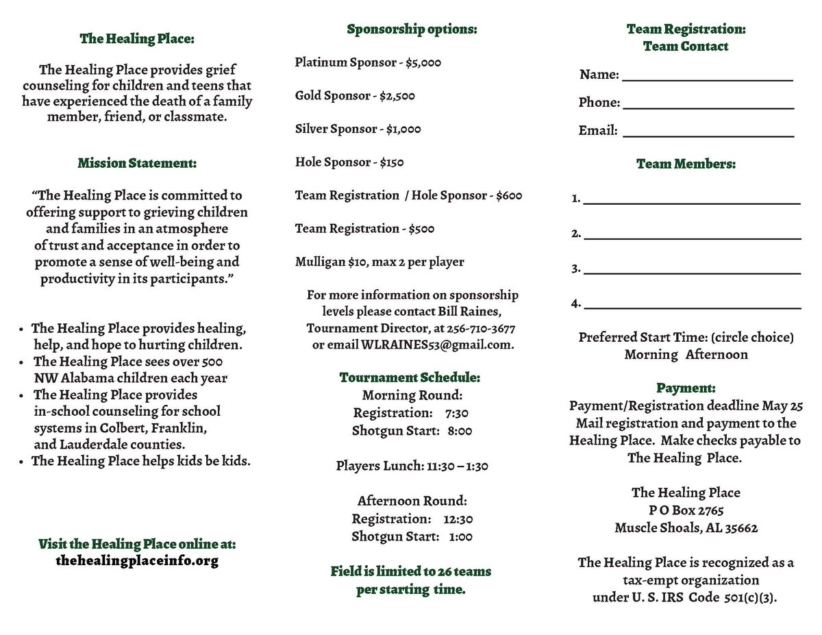 HPCC - Healing Place Charity Classic 
Monday, June 4th
4 Person Scramble