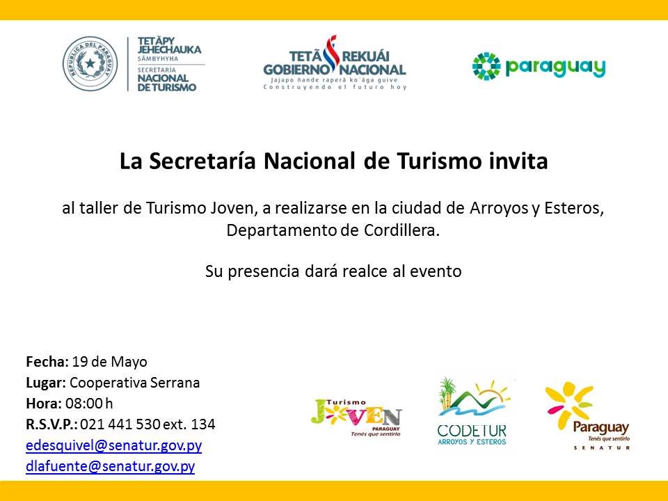 Este sábado, en la Cooperativa Serrana de Arroyos y Esteros, estaremos impartiendo un taller sobre Circuitos Turísticos y Planificación Turística, dirigido a jóvenes de 17 años en adelante de dicha localidad. La capacitación será de 08:00 a 11:00. ¡Les esperamos! 🎉🇵🇾🙂