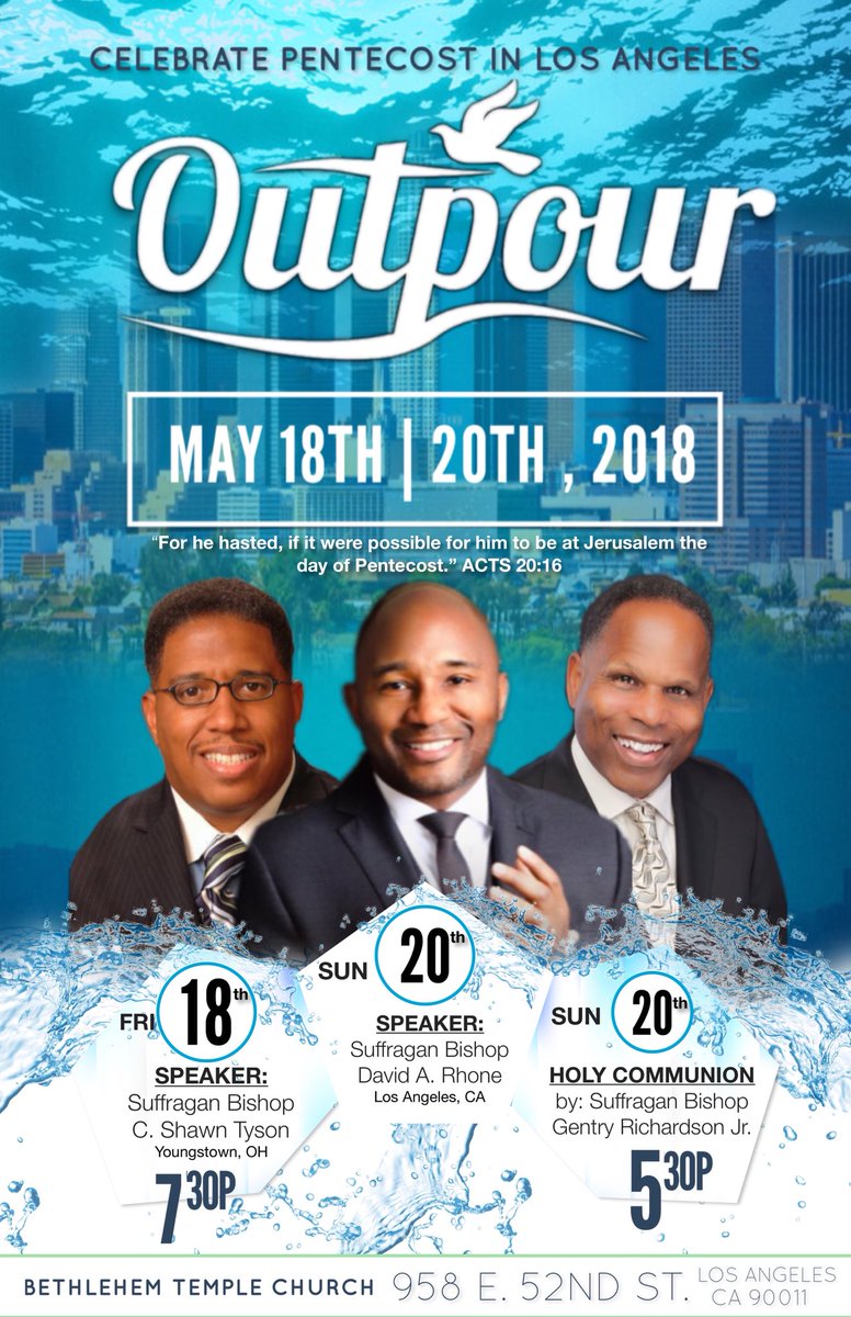 OutpourLA's tweet photo. Los Angeles, Pentecost Weekend is here!

Join us tonight, May 18th and Sunday, May 20th as we celebrate the indwelling of the Holy Ghost and experience the Outpour promised to them that believe.

#Outpour2018
#OutpourLA https://t.co/IKKDrGk76p