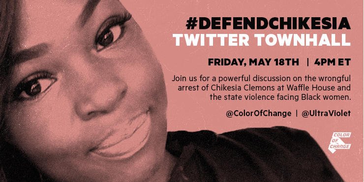 UltraViolet's tweet photo. Chikesia Clemons was brutalized by police for #WaitingWhileBlack. Say: NO MORE!
IN 30 MIN: Join the #JusticeForChikesia Twitter Town Hall with @ColorOfChange, @UltraViolet, @BYP_100, @InvisibleNMBook, and @rally4blklives. https://t.co/RZImjMYFrz