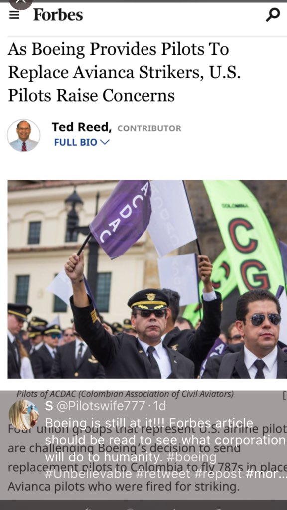 Pilotswife777's tweet photo. @Avianca This is non stop @Avianca @BoeingCEO @100Apoyopilotos @Acdac1 @WeAreALPA rehire the fired Pilots! Do what’s right don’t let corporations win or governments. Stand for pilots do what’s right. #pilotsunite #standtogether #relevant #moneyovermorals #wecanwin #supportpilots #unite https://t.co/zHZ4ddeXNH