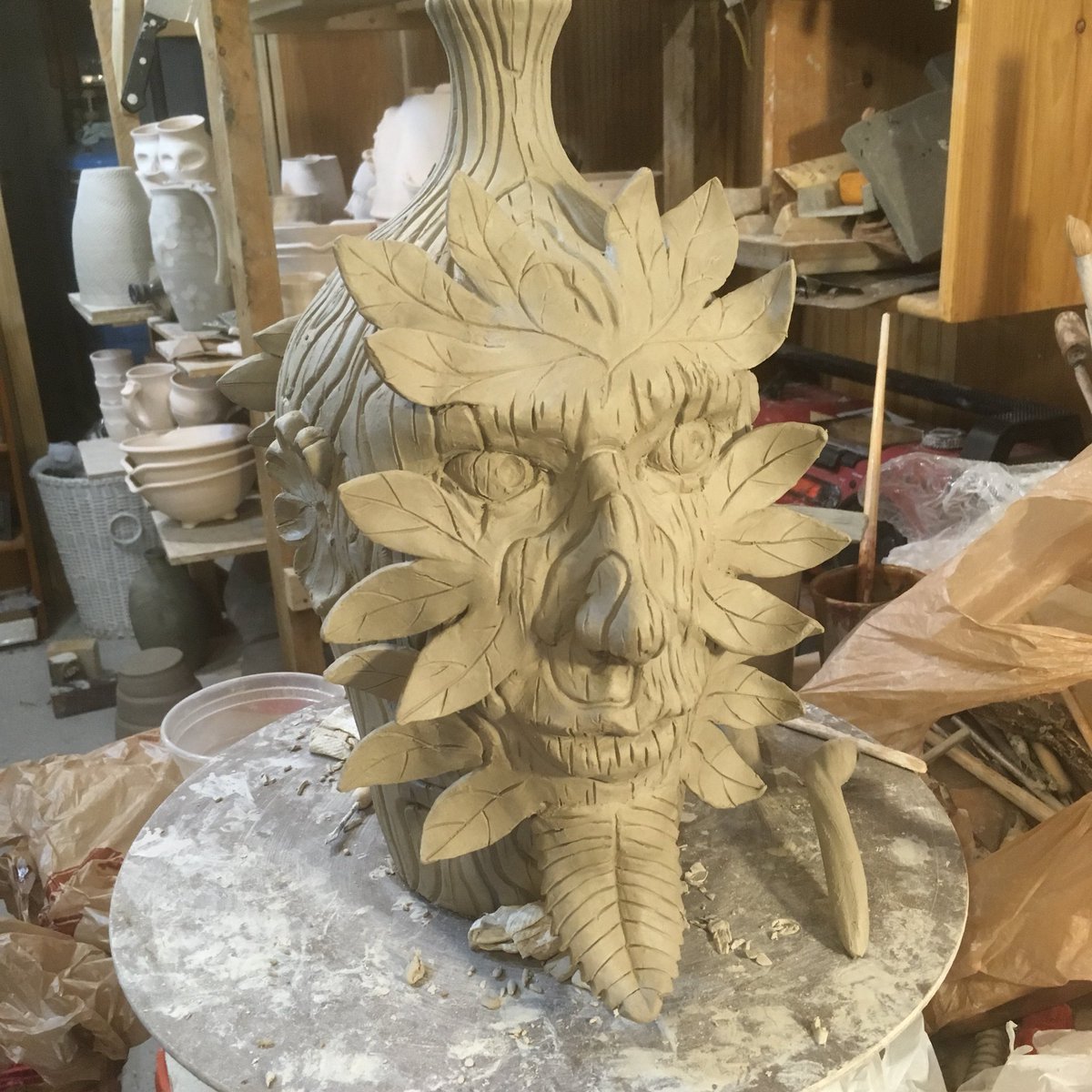 WHMudworks's tweet photo. Green man in process #GreenMan #Clay #WoodFire #Wicca #Pagan #Nature https://t.co/a6UEzQSD4U