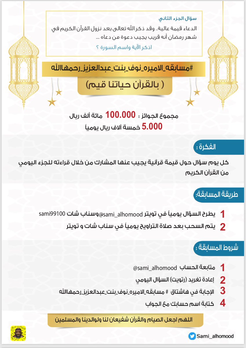 Sami_Alhomood's tweet photo. #مسابقه_الاميره_نوف_بنت_عبدالعزيز_رحمهاالله (بالقرآن حياتنا قيم)
🎁مجموع الجوائز :مائة ألف ريال🎁
خمسة آلاف ريال يومياً

2️⃣سؤال الجزء الثاني🌜
الدعاء قيمة عالية..وذكر الله تعالى بعد نزول القرآن في رمضان أنه قريب يجيب من دعاه
اذكر الآية واسم السورة؟

السحب غداً..والتكرار مسموح https://t.co/hoMcRPTjRk