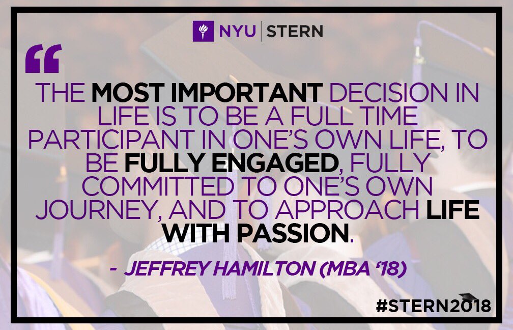 NYUStern's tweet photo. “We are all now a part of something so much bigger.” - Langone MBA speaker Jeffrey Hamilton #Stern2018 🎓 https://t.co/Hr0zYDdOX3