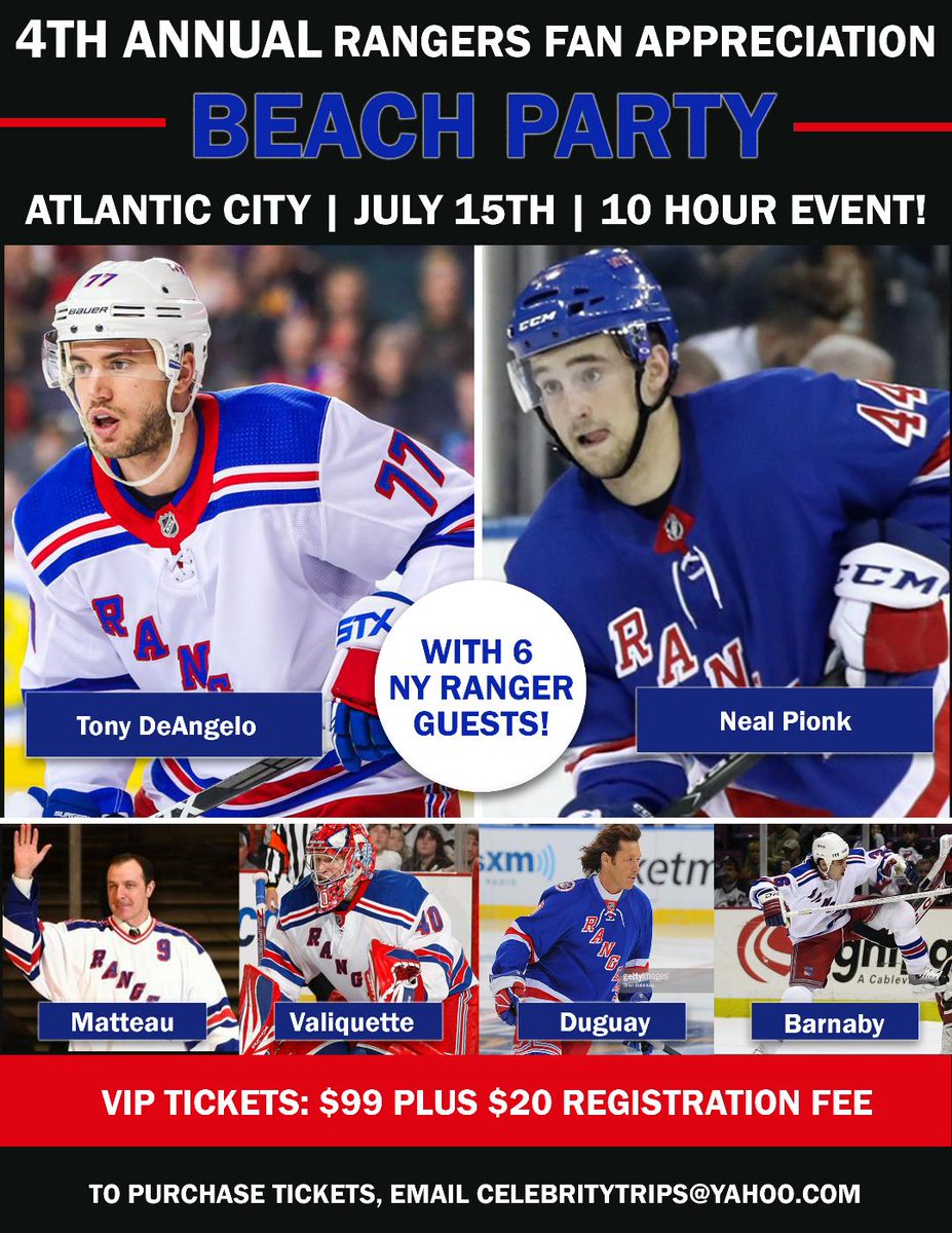 NYRangersevents's tweet photo. 4TH ANNUAL RANGERS BEACH/BOARDWALK/LOUNGE CLUB EVENT! BOOK NOW AT CELEBRITYTRIPS@YAHOO.COM #nyrfans #nyr #lgr #msg #bleedblue #zucc @tonydee07 @npionk95 #duguay #barnaby #matteau #valiquette https://t.co/xM8V8NGcdn