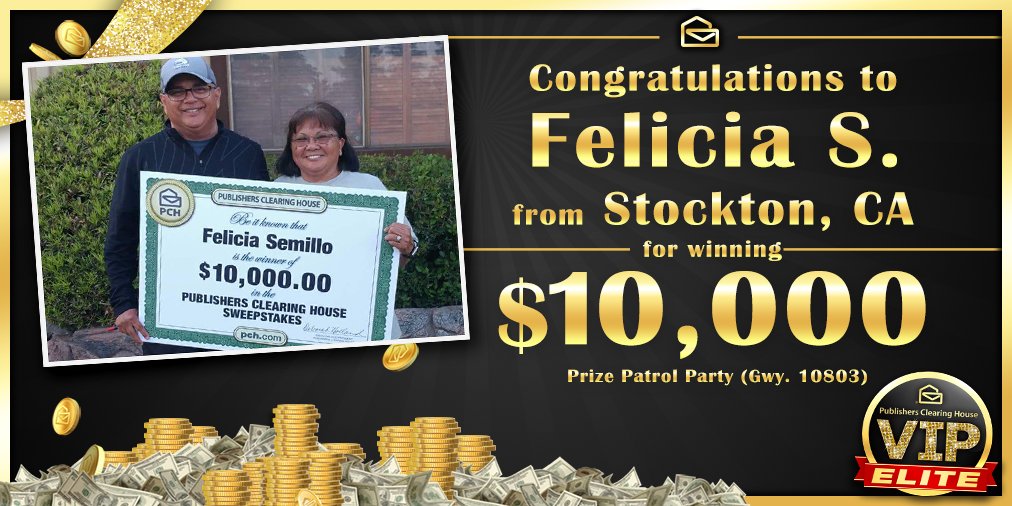 pchdotcom's tweet photo. Join us in congratulating PCH #VIPElite Felicia S. from Stockton, CA! Felicia was the $10,000 winner of the Prize Patrol Party (Gwy. 10803). Felicia enters all the time and was so excited to be able to take a dream vacation to Hawaii! 🍾🌹#PCHWinner https://t.co/kXnojbSYBB