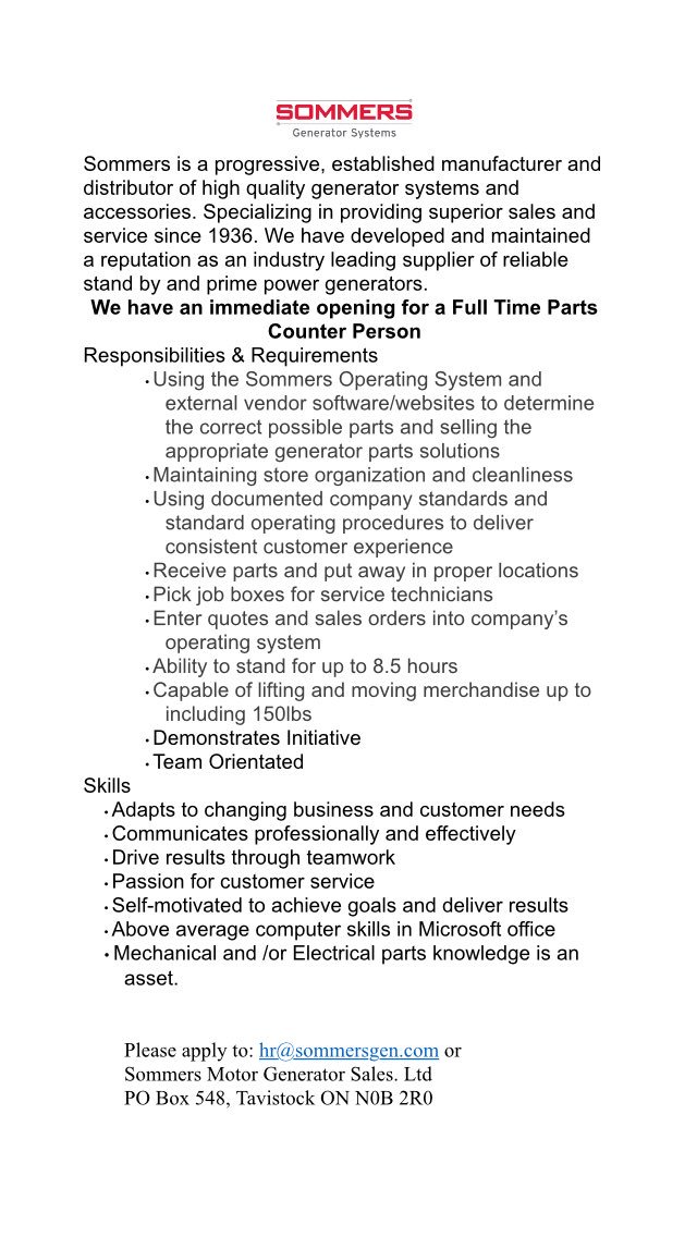 FirewoodExpress's tweet photo. Looking for a job? Full time parts counter position available immediately. Sommers Generators - Tavistock https://t.co/uba1UaVE3U