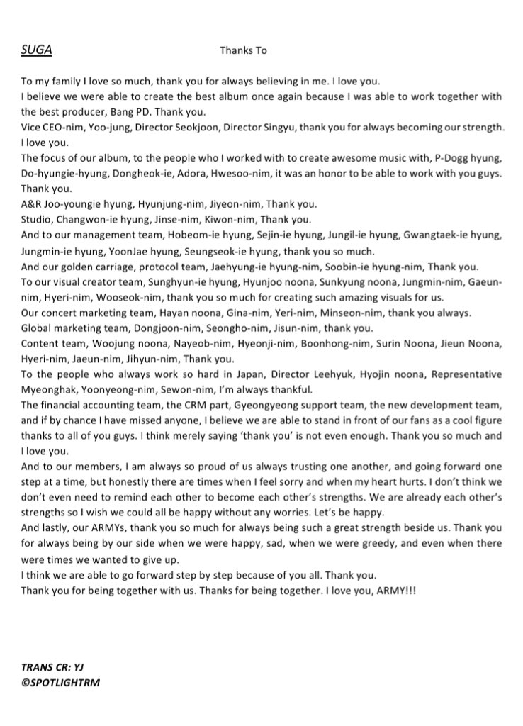 SPOTLIGHTBTS's tweet photo. [Trans]
Love Yourself 轉 Tear 
SUGA ~ Thanks To

#iVoteBTSBBMAs @bts_twt https://t.co/9GQOgKpOcs