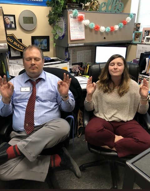 ncseatech's tweet photo. @edieskip takes a photo of @brandiebbarry meditating before exams with her fellow testing office mate. #lovemyteam #NCSEATech #favoritepictureoftheyear https://t.co/vqDQUu43UI
