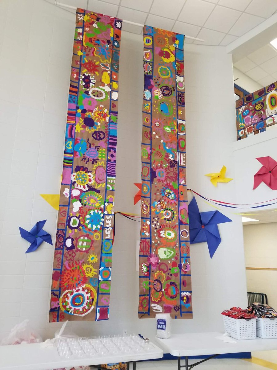 ArtWorksRC's tweet photo. The beautiful murals that the Jamestown Elementary School Kindergarten Classes created at ArtWorks on Tuesday are now on display! What incredible works of art! We love the color and life these pieces bring to JES! Fantastic work, Kindergarten! https://t.co/P0CZoHlf2a