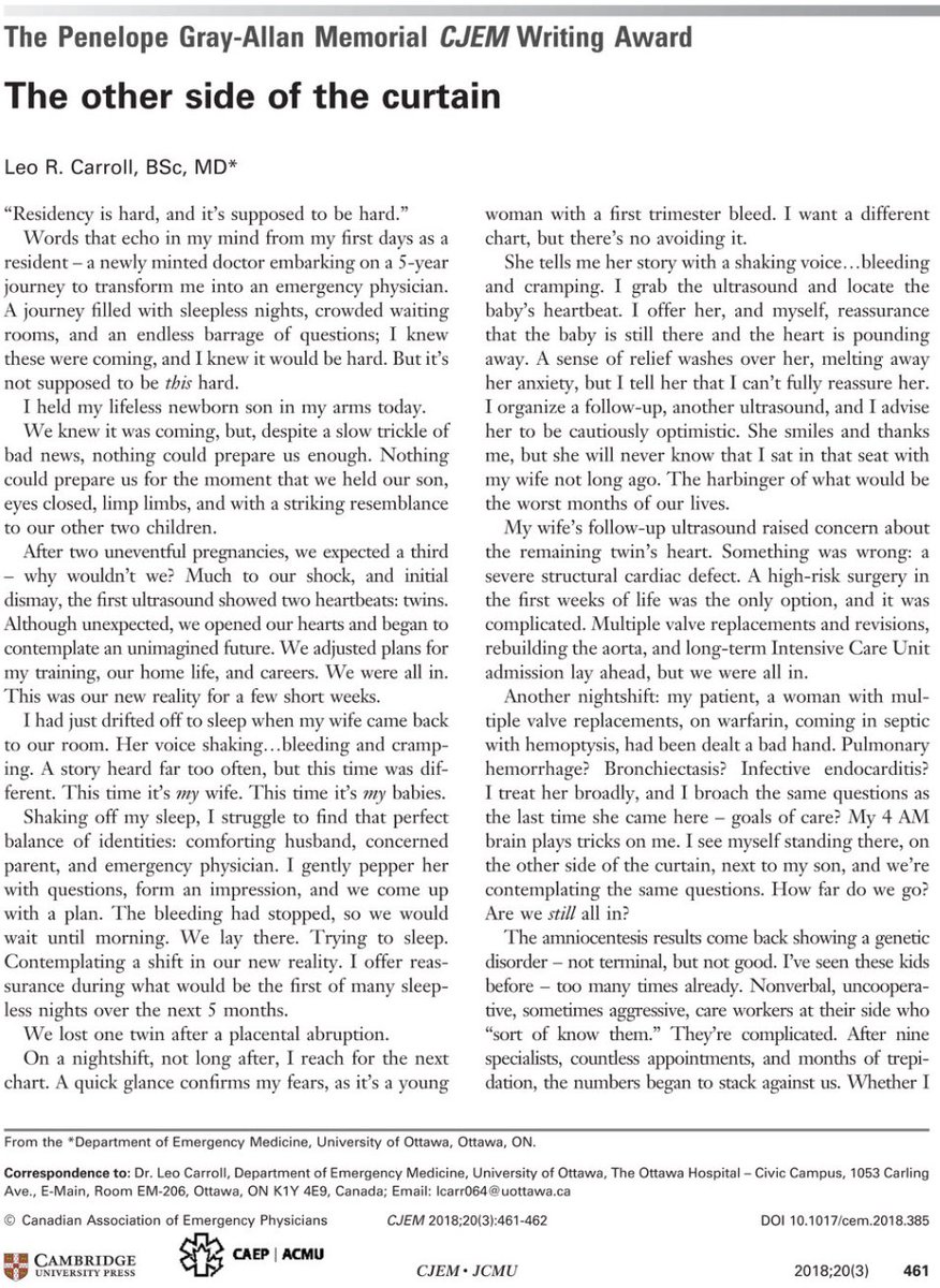 This is a beautifully written, heartbreaking piece by one of our residents (Dr, Leo Carroll). "The Other Side of the Curtain" <a href="/CJEMonline/">CJEM</a> <a href="/CAEP_Docs/">CAEP</a> Recipient of The Penelope Gray-Allan Memorial Award
digitaleditions.sheridan.com/publication/?i…{%22issue_id%22:496804,%22numpages%22:1,%22page%22:152}