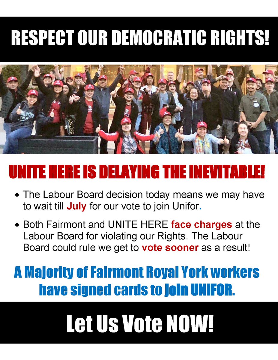 UniforHspltyGTA's tweet photo. A majority of Fairmont Royal York workers have signed cards to move to Unifor. LET US VOTE! #WorkersAreNotProperty #1u #fixtheclc #onpoli #FreedomOfAssociation https://t.co/b3XKfLgdAz