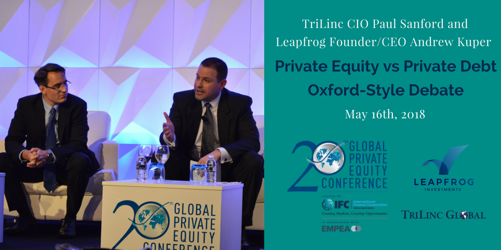 .<a href="/TriLinc/">TriLinc Global, LLC</a> CIO <a href="/PaulRSanford/">Paul Sanford</a> and <a href="/LeapFrogInvest/">LeapFrog Investments</a> Founder and CEO <a href="/AndrewKuper/">Andrew Kuper</a>. Loved watching the #PrivateEquity vs #PrivateCredit debate, moderated wonderfully by Teresa Barger! #GPEC20 @EMPEA <a href="/IFC_org/">IFC</a>