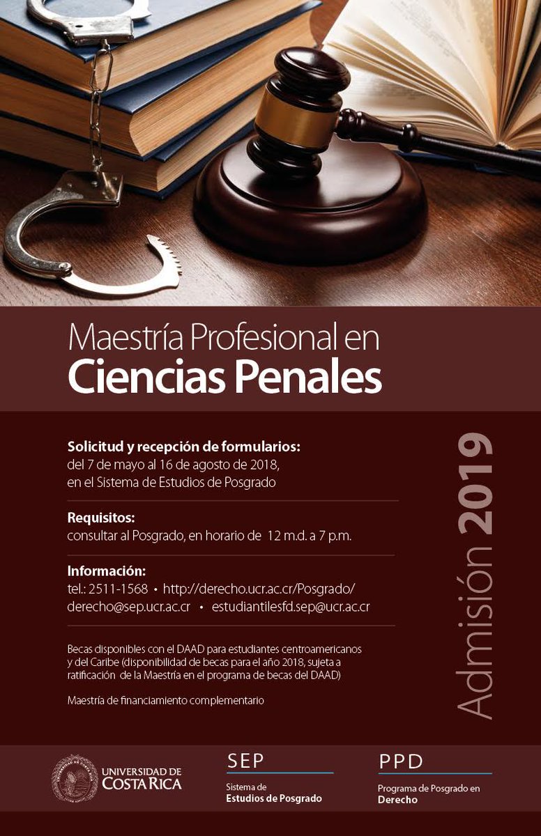 DerechoPosgrado's tweet photo. Maestría en Ciencias Penales. Nuevo periodo de inscripción del 7 de mayo al 16 de agosto de 2018.
Inicio de lecciones: Febrero de 2019.
ℹ️Requisitos de admisión y plan de estudios: https://t.co/Nf0JN5a5t1 
📞 2511-1569 / 2511-1568 https://t.co/iUmwD5qHaA