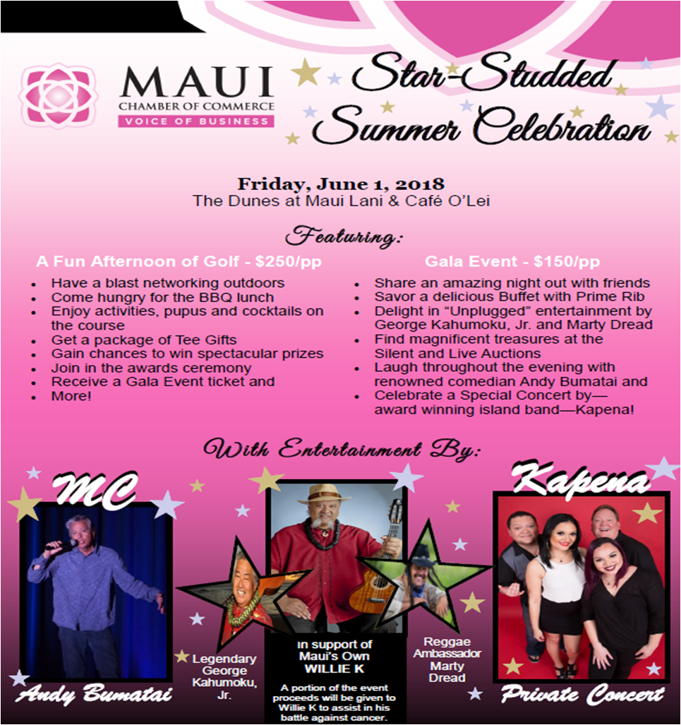 MauiChamber's tweet photo. Join us for a spectacular afternoon &amp; evening of networking and fun at the Maui Chamber's Star Studded Summer Celebration on June 1, 2018 at The Dunes at Maui Lani &amp; Cafe O Lei. Tickets are $250 for Golf &amp; Gala &amp; $150 for Gala featuring Comedian @AndyBumatai and Kapena! https://t.co/feoezaVtf6
