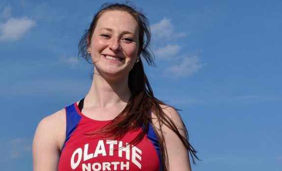 Dana Baker of Olathe North became the #1 girls javelin thrower in KS history w/ a toss of 175-06 today breaking former Marysville/KSU legend Kendra Wecker all-time record (174-06). Also won regional in discus and shot. Her javelin throw is #1 in the nation! Photo: @DwayneFuhlhage
