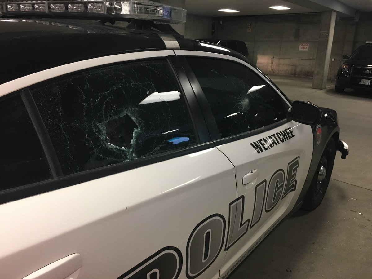 KIRO7Seattle's tweet photo. JUST IN: We just got these pics of the damage at the #WenatcheePD Department after a woman smashed out windows from cruisers and the police station on South Chelan Ave tonight. 28 yo woman arrested for malicious mischief and burglary. Damage estimate at over $5,000. https://t.co/oqxssOVJLQ