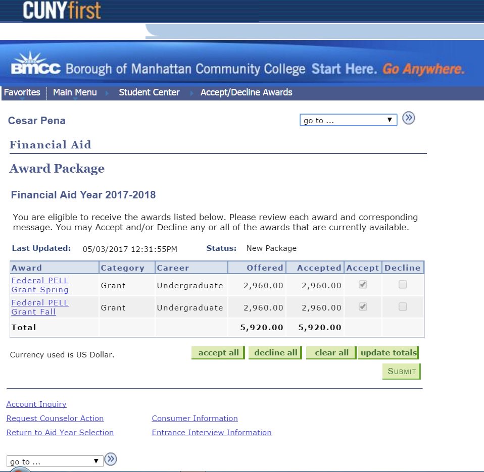 #loviste ? #cunyfirst i know... #added this Accounting class

A bit... #Early #Bcc #school's in 
#august

First, #nobalance then: $955 balance

#financial aid 'available' 2018

Balance relflects.

#what did not work?

@bronxcommunitycollege @bcc @CUNY @GC_CUNY @usedgov