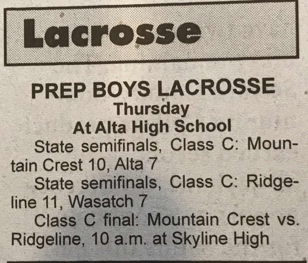 If there are Lacrosse fans in Cache Valley, <a href="/Ridgeline_Hawks/">Ridgeline Riverhawks</a> and  #MountainCrestMustangs are playing in the State D3 High School Championship Tomorrow morning, 10am at Skyline HS. <a href="/CVDaily/">CacheValleyDaily</a>  <a href="/HJNews/">The Herald Journal</a> <a href="/mchs_exec/">Mountain Crest</a> #GoMustangs <a href="/utahlaxnews/">Utah Lacrosse News</a>