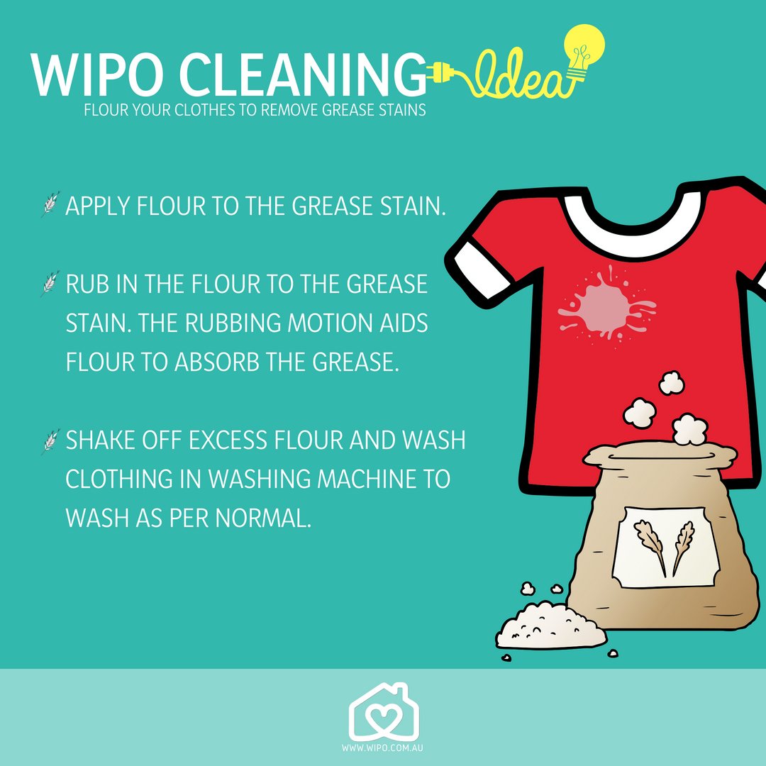 WipoApp's tweet photo. Get rid of pesky grease stains from your clothing with this simple hack! #wipo #wipoapp #cleaning #perthsmallbusiness #realestateperth https://t.co/tdaw54S4XK