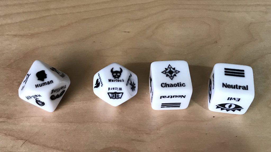 BlackDragonCan's tweet image. Look what arrived today. I have a city setting that has a lot of NPCs, this is handy to generate class, alignment or race on the spot. So cool.
#DnD
#Characterdice
#randomgeneration