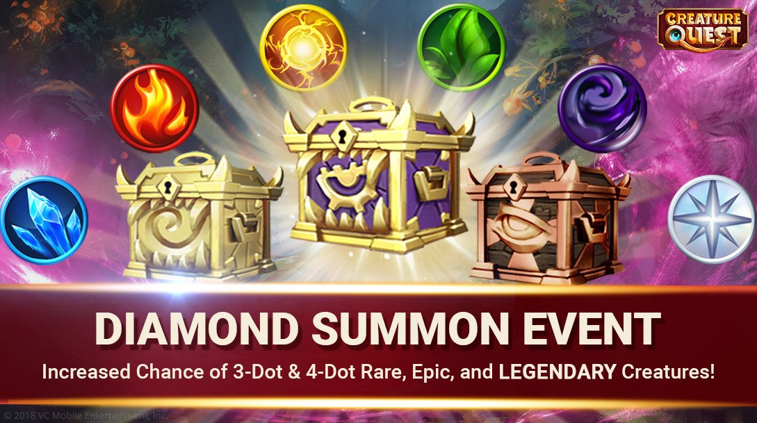 And the Diamond Summon Event is back!! There is an increased chance of 3 &amp; 4 dots for your Rare, Epic, and LEGENDARY Creatures! Don't miss out! #CreatureQuest