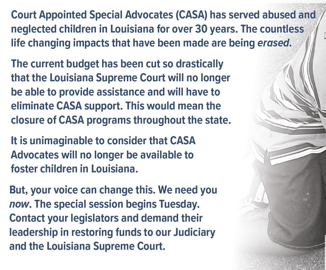 XTaz's tweet photo. I was fortunate enough to have served as a CASA volunteer in the New Orleans area. The program serves as a voice for many young people. 
Tell your legislators we Must find a way to save this important program, for the sake of the children it serves. 
#saveCASA https://t.co/5Mc4jILJ6k