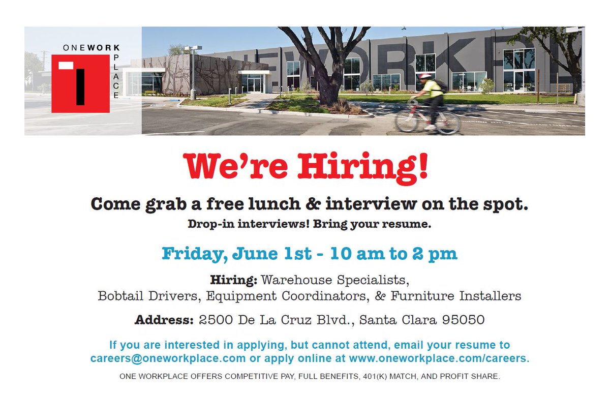 oneworkplace's tweet photo. We're Hiring Warehouse Specialists, Bobtail Drivers, Equipment Coordinators, and Furniture Installers. You're invited for interviews and lunch 10-2 on Friday June 1. Bring your resume. #oneworkplace #oneworkplaceoperations
@oneworkplace https://t.co/jxn6gTkVzk