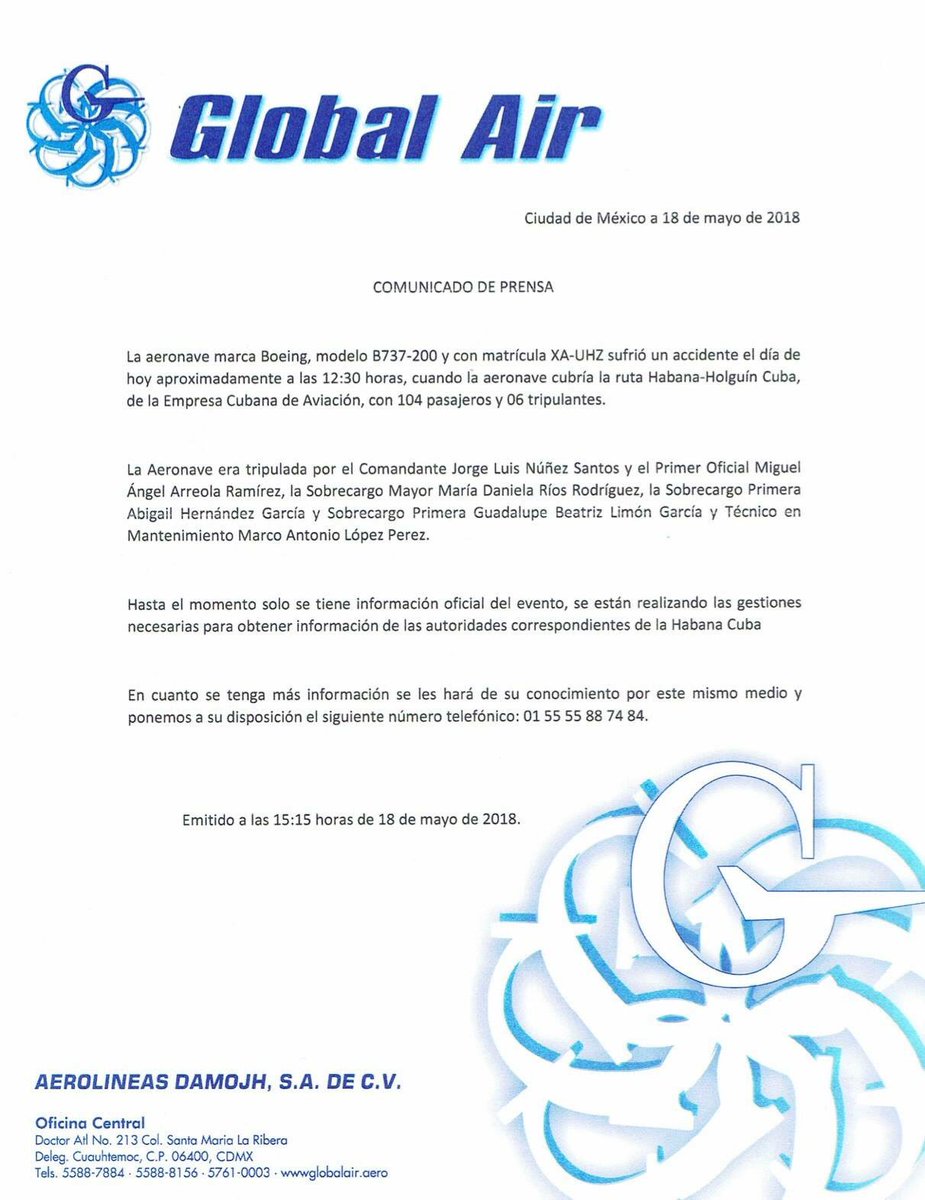 Aviationmex's tweet photo. La empresa mexicana de vuelos de fletamento Aerolíneas Damojh dio a conocer un comunicado tras el fatal accidente hoy en La Habana. #DMJ0972 #planecrash #Avionazo https://t.co/FQkIFW4vgK