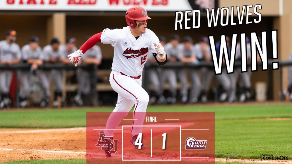 AStateBaseball's tweet photo. A-State wins! Nate Alberius throws his second complete game of the season and Winston Welch drives in two runs! #WolvesUp #KickItDown https://t.co/WEukNN759U
