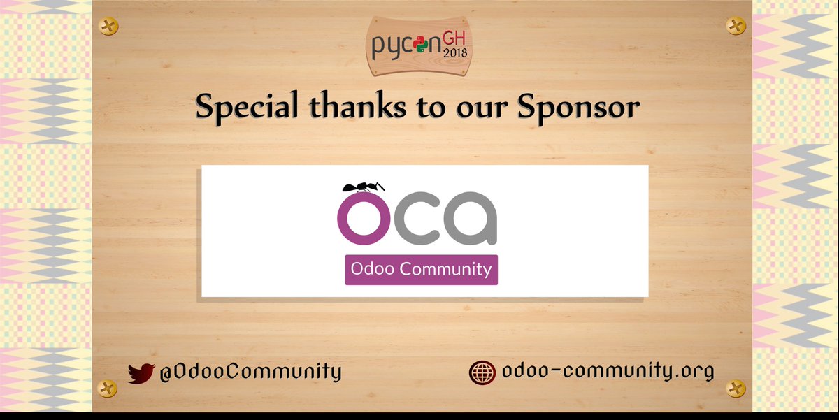 Thank you <a href="/OdooCommunity/">OCA</a>, our First Bronze sponsor of #PyConGhana2018. 
The Odoo Community Association, or OCA, is a nonprofit organization whose mission is to promote the widespread use of Odoo and to support the collaborative development of Odoo features. 
 #PyconGh2018 #Pycon