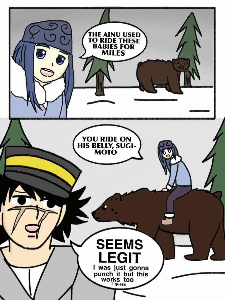 GumbyChan's tweet photo. Tfw when CGI bear riding

6/10
The manga was better

#goldenkamuy #asirpa #sugimoto #animeart #manga #mangaart #mangadrawing #animedrawing #animeme #animegirl #goldenkamui #kawaii https://t.co/BNY2jbPFQD