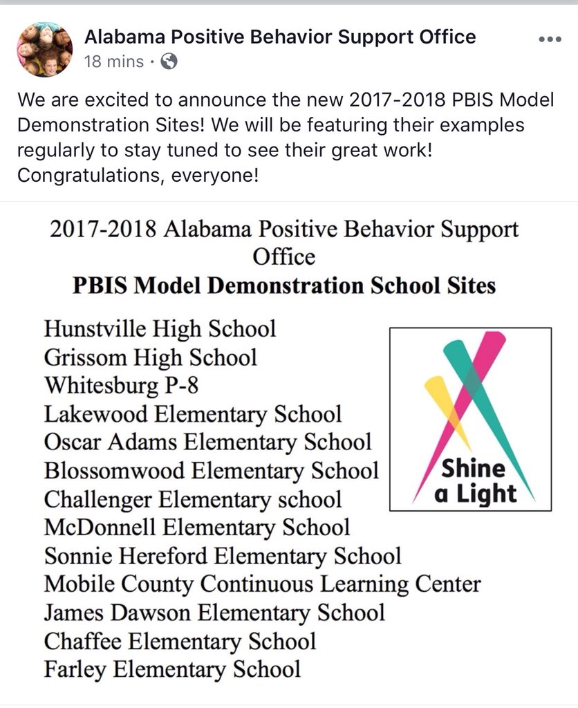Bscott747's tweet photo. We are honored to be named one of the PBIS Model Demonstration School Sites for the Alabama Positive Support Office! @WhitesburgP_8 #pbis @HSVk12 #family https://t.co/QLBiSzpsJo