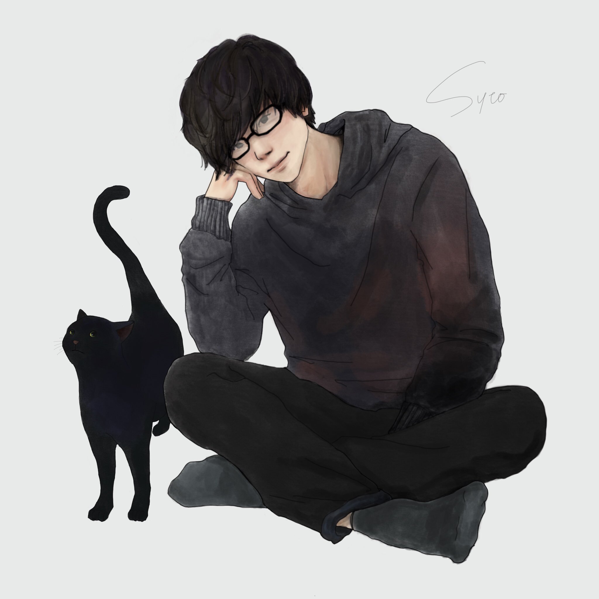 𝟙𝕍𝕚𝕒 ﾆｬｰ Twitter પર 黒ニャンコ好きさんモデルのイラスト 仲良し と勝手に思ってる リスナーさん そういえば ひさびさに全身描いたなぁ メガネ男子 パーカー男子 猫 黒猫 ぬこ様 ニャー絵 ニャーイラスト Sytoart T Co C10zuoclvl Twitter