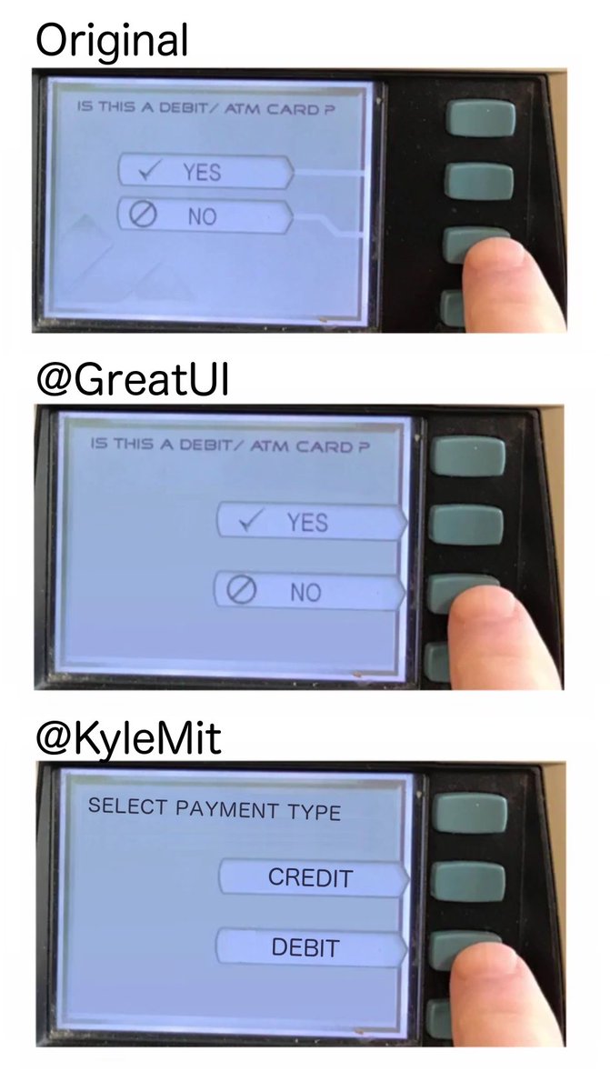 .<a href="/greatui/">Mark Miller</a> - I loved the Science of Great UI course!  Although I think this fix missed the most serious proximity violation.  Yes/No labels force your eyes to saccade back to the question, which places the *functional* label outside the button, when it should be contained!