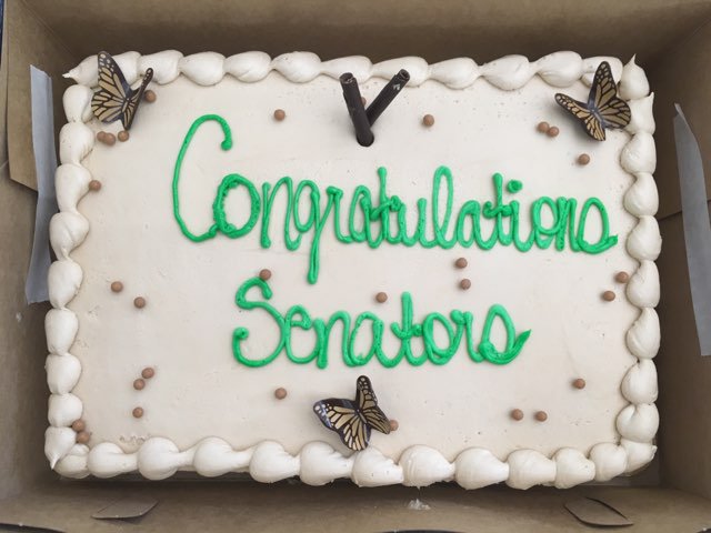 MetroStateSen's tweet image. Today was the last meeting of the 2017-2018 year! Below are some of our senators with a celebratory dessert!