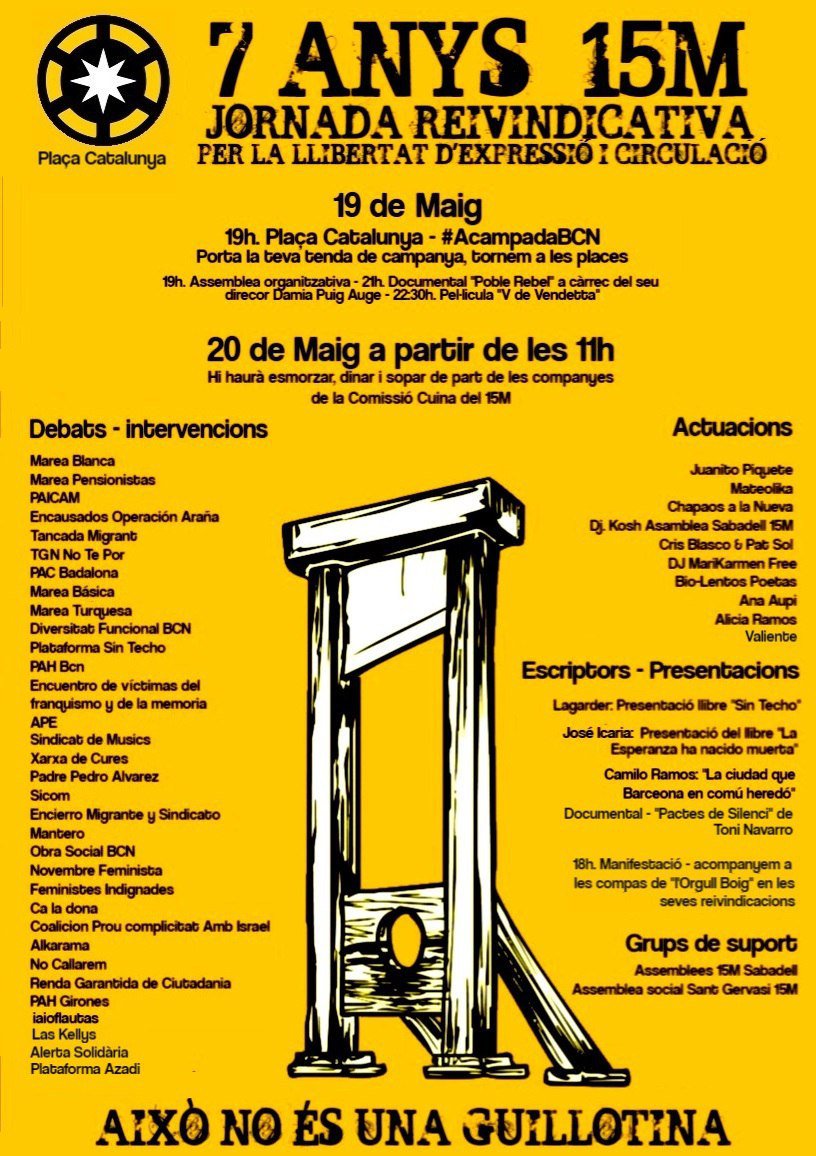 #PrenemLesPlaces 
#Acampada15M te'n recordes?
Ara, podem tornar a fer-ho possible!

-Llibertat d'expressió
-Fora la llei d'estrangeria
-#LlibertatValtònyc
-NOesNO
-Habitatge digne per a totes
-#LlibertatPresesPolítiques
-PensionsGarantides

Difon!
#15MReviu