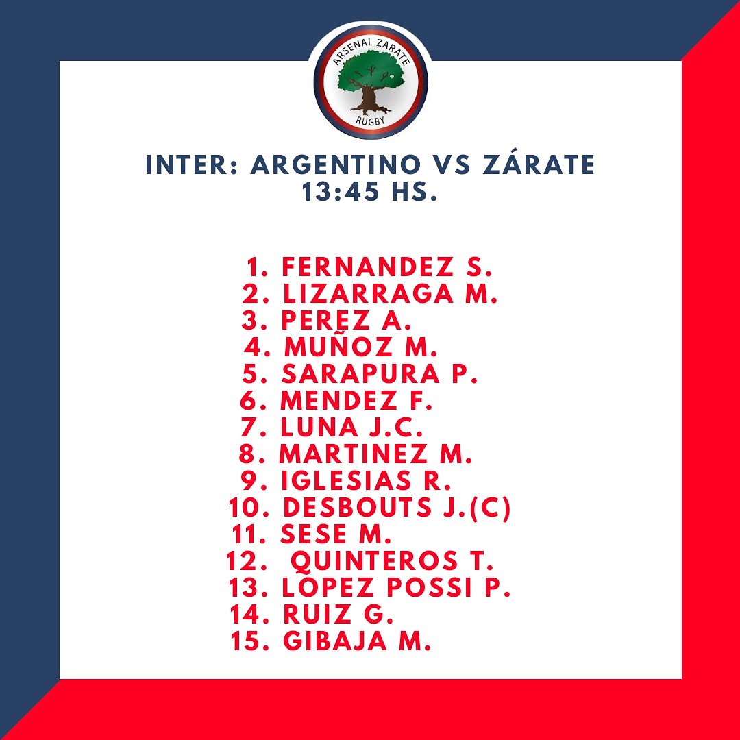 Esta es la inter que sale a la cancha mañana en su visita a <a href="/ArgentinoRugby/">Club Argentino Rugby</a> a partir de las 13:45.

#Rugby #RugbyDeClubes #URBA #DaleOmbu #Grupo2 #ArsenalZarateRugby #Inter #Zarate