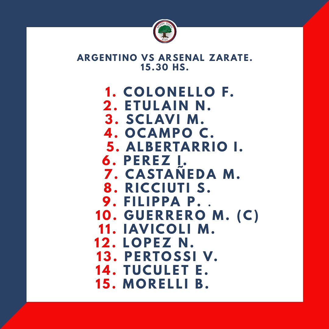 Este es el equipo de primera que saldrá a buscar la segunda victoria del torneo frente a <a href="/ArgentinoRugby/">Club Argentino Rugby</a> en condición de visitante a partir de las 15.30.

#Rugby #RugbyDeClubes #URBA #DaleOmbu #Grupo2#ArsenalZarateRugby #Inter #Zarate
