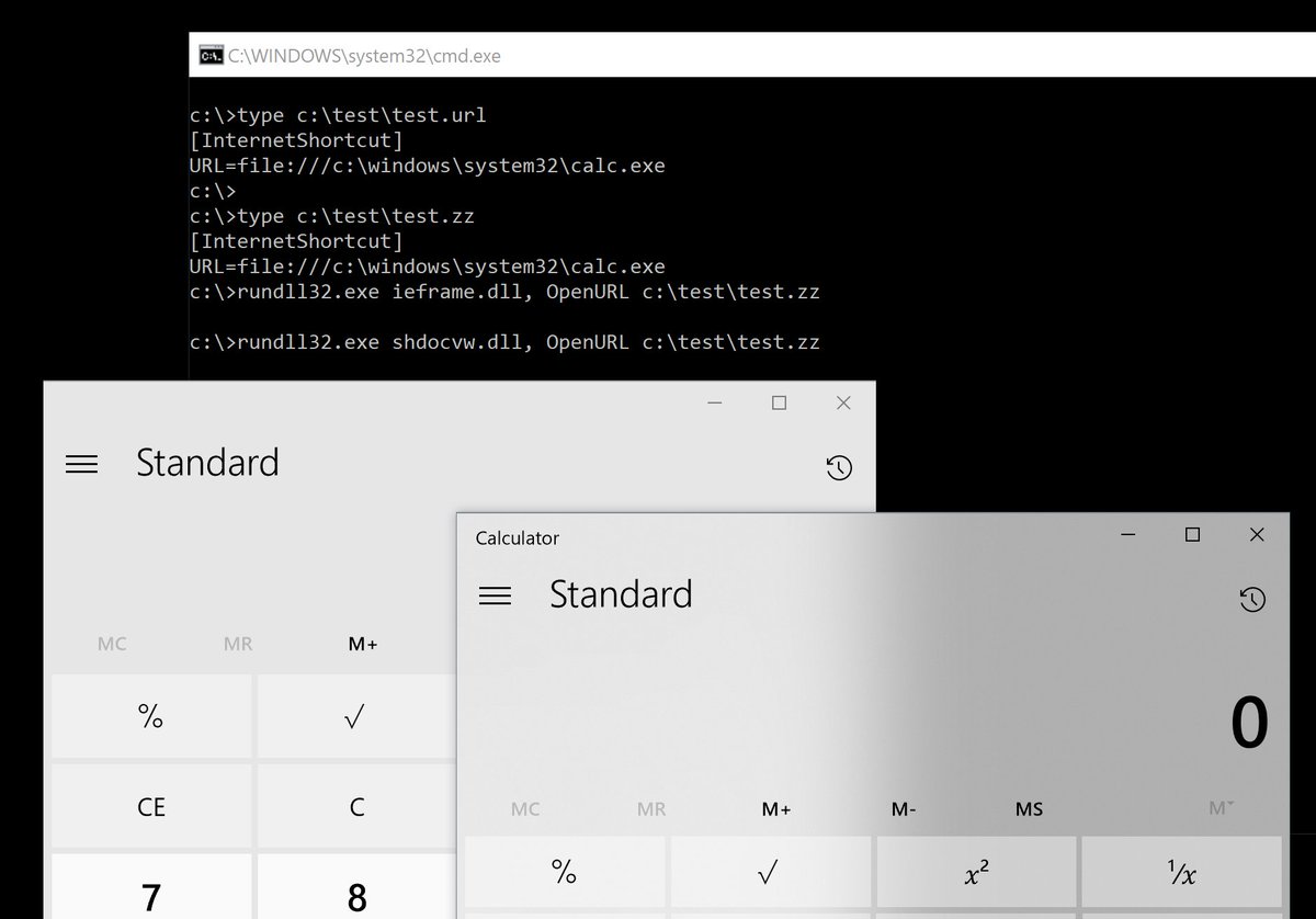 bohops's tweet photo. Revisited the url/ieframe/shdocvw dll OpenURL export function. Url.dll requires a url extension for info files. Interestingly, ieframe.dll and shdocvw.dll don't enforce this:
rundll32.exe ieframe.dll,OpenURL c:\test.zz
rundll32.exe shdocvw.dll,OpenURL c:\test.zz
#dfir #lollib https://t.co/UlYsP248xN