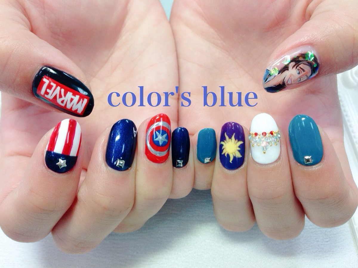 Color Sかがや 退社しました お客様オーダー キャプテンアメリカのモチーフネイルとラプンツェルのフリンネイル モチーフや色合いがかわいいかっこいい 旅行楽しんで来てくださいね ネイル モチーフネイル 痛ネイル T Co Lwfkbl6st8
