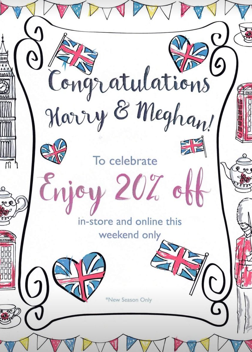 What a glorious day for a Wedding. We're celebrating with 20% Off All New Season stock today and tomorrow. Come and enjoy...
#RoyalWedding #20%off #mistral