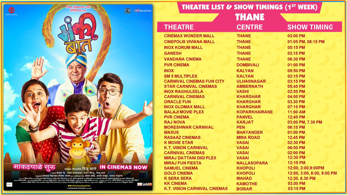 Monkey Baat (@monkeybaatfilm) on Twitter photo माकडचाळे सुरू झालेत, ठिकाण कळली का...?
मुंबई, पुणे आणि ठाण्याची थिएटर लिस्ट पहा आणि लवकर तिकीट बुक करून "मंकी बात" करायला या...
#TheaterList #MonkeyBaat #InCinemasNow
Book Now - bit.ly/MonkeyBaatTick…
<a href="/vijumane/">viju mane</a> <a href="/AvadhootGupte/">Avadhoot Gupte</a> <a href="/MeBhargavi/">Bhargavi Chirmuley</a> <a href="/PushkarShrotri/">Pushkar Shrotri</a> <a href="/VinodSatav1/">VinodSatav</a> <a href="/aakashpen/">Aakash Pendharkar</a> माकडचाळे सुरू झालेत, ठिकाण कळली का...?
मुंबई, पुणे आणि ठाण्याची थिएटर लिस्ट पहा आणि लवकर तिकीट बुक करून "मंकी बात" करायला या...
#TheaterList #MonkeyBaat #InCinemasNow
Book Now - bit.ly/MonkeyBaatTick…
<a href="/vijumane/">viju mane</a> <a href="/AvadhootGupte/">Avadhoot Gupte</a> <a href="/MeBhargavi/">Bhargavi Chirmuley</a> <a href="/PushkarShrotri/">Pushkar Shrotri</a> <a href="/VinodSatav1/">VinodSatav</a> <a href="/aakashpen/">Aakash Pendharkar</a>