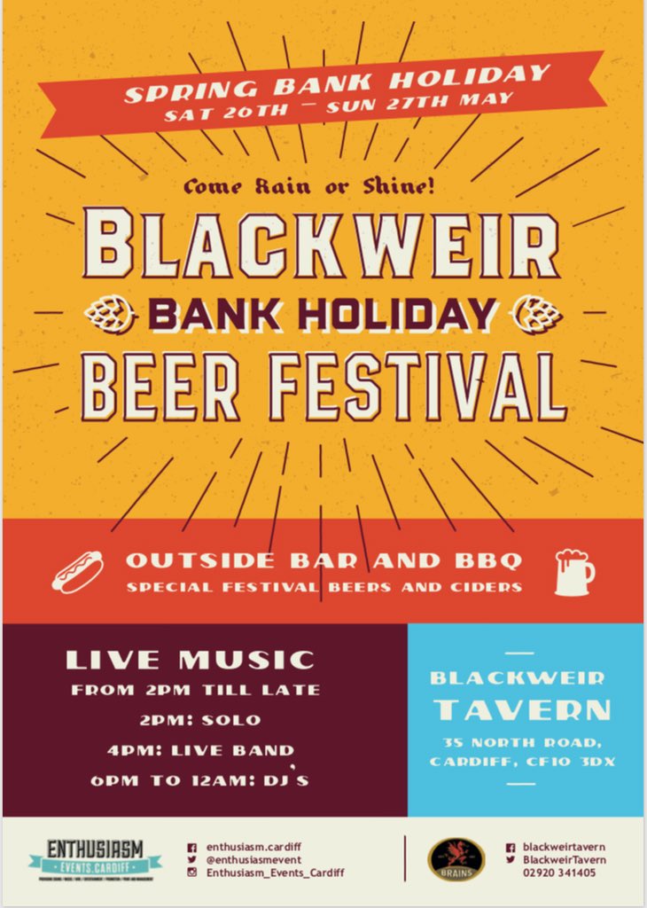 BlackweirTavern's tweet photo. This time nest week we will be hosting the Blackweir beer festival, it is going to be a weekend to remember!! Outside bar and BBQ, live music all day, a great selection of guest ales and ciders, great deals on food and drink ☺️ #bankholiday #beerfestival #sportsfinals #byeexams https://t.co/Qu8FHhzwym