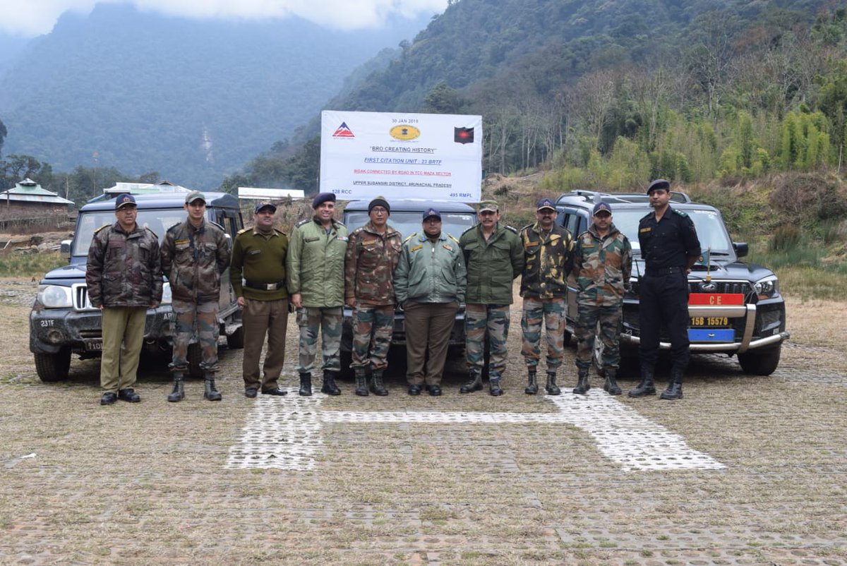 adgpi's tweet photo. True to its Motto 'Shramena Sarvam Sadhyam’ (everything is possible with hard work) #BRTF under aegis of Project Arunank completed extention of road connectivity upto last Indian village in the Indo-China border in  Subansiri district of #ArunachalPradesh https://t.co/683BHi7QgC