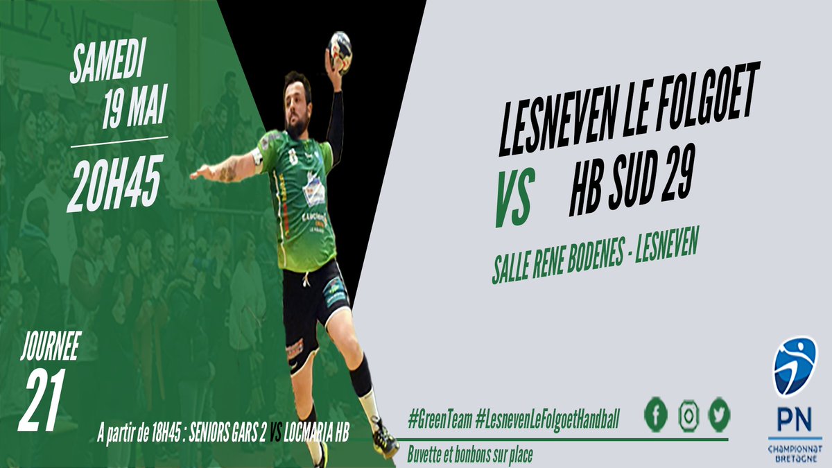 Lslfhandball's tweet photo. 🚨  #GameDay 🚨  
Séniors Gars 2 🆚 @locmariaHB 
🕖 18H45  
Séniors Gars 1 🆚 #HBSUD29  
🕖 20H45  
📍 Salle René Bodénes Lesneven
  #GreenTeam #LesnevenLeFolgoetHB #LaDer https://t.co/4B4TQ9bKVF