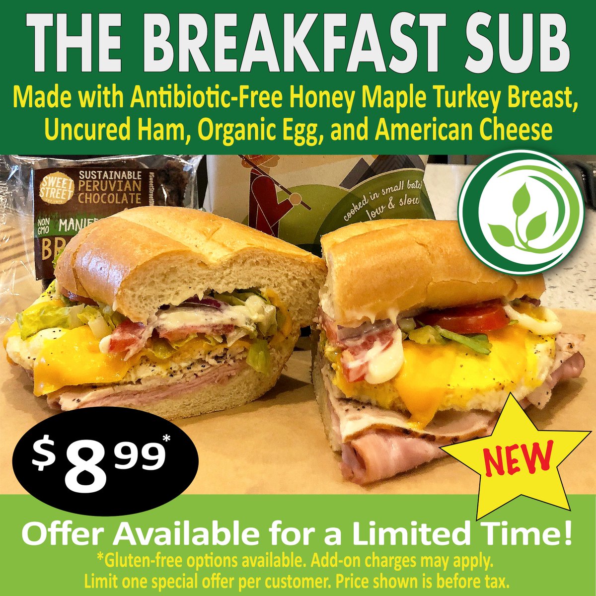 RealSubsCafe's tweet image. Introducing #TheBreakfastSub @ Real Subs Cafe. Featuring our new #HoneyMapleTurkey, Uncured Ham, Organic Egg, American cheese and organic toppings! Mmmmmm!!!