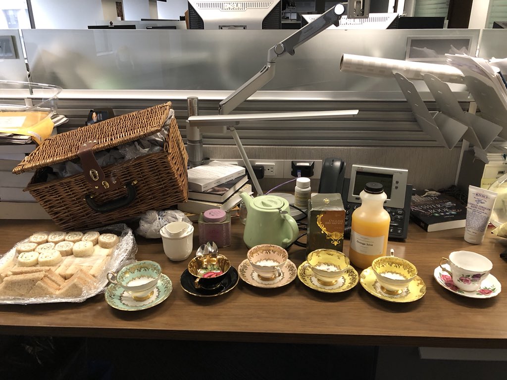 ItsJennyYuen's tweet photo. When you’re working at 7 a.m. and covering the #royalwedding, you might as well bring a nice high tea spread! Thanks to @summerhillmkt and Lesley’s Tea Sandwiches. @lhui @sarahdoktor https://t.co/JsBCcPoRHk