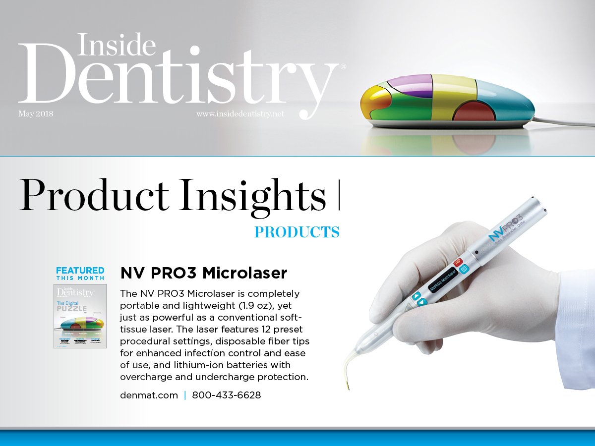 denmatdental's tweet photo. The May edition of Inside Dentistry includes an article by Timothy Kosinski, DDS, MAGD the NV® PRO3 Microlaser! Read it here https://t.co/Tk1ePEiBeU. #DenMat #NVPRO3 https://t.co/TTSGRTbLDV